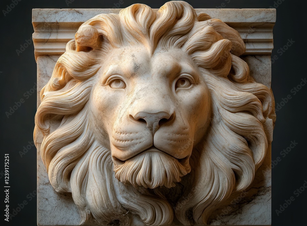 Obraz premium Marble Lion Head Sculpture Classical Renaissance Art Illuminated Detailed Textures Expressions