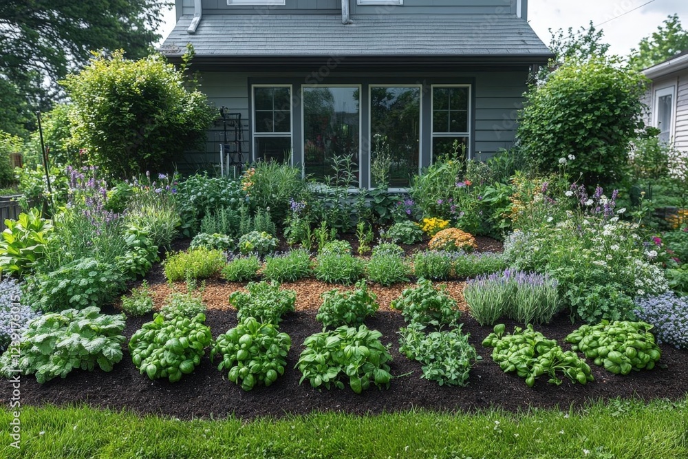 Naklejka premium Vibrant Flower Garden in Front of a Gray House