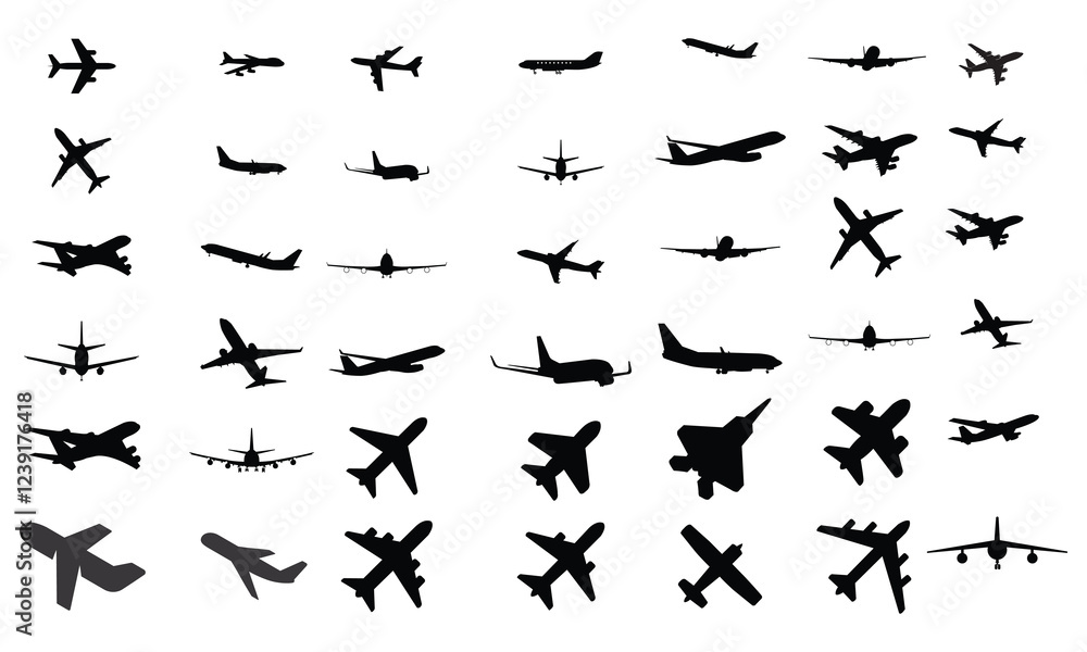 Vector Set of Different Kind of Airplanes Silhouettes in flight takeoff running Vector Set of Different Kind of Airplanes Silhouettes in flight takeoff running