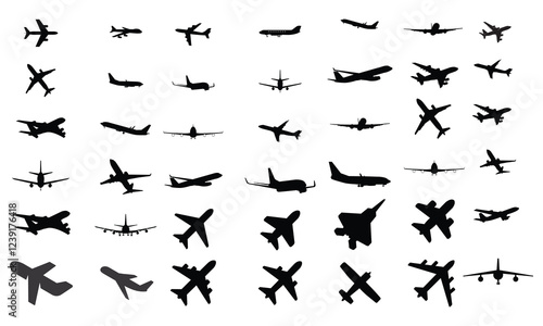 Vector Set of Different Kind of Airplanes Silhouettes in flight takeoff running
