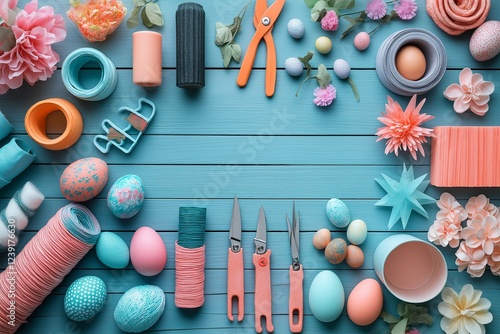 Colorful arrangement of crafting materials ideal for Easter craft ideas diy, including eggs, ribbons, and flowers. Concept showcases creative Easter craft ideas diy for festive inspiration. photo