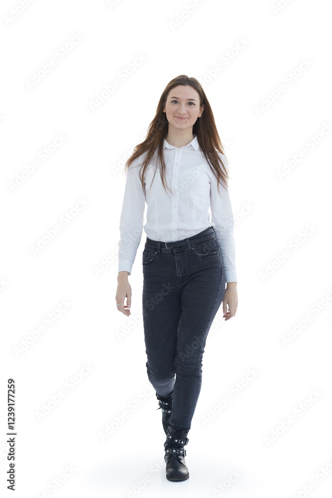 in full growth. smiling attractive girl striding forward . in full growth. smiling attractive girl striding forward .