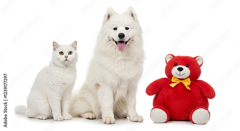 Adorable White Cat Samoyed Dog Red Teddy Bear Adorable White Cat Samoyed Dog Red Teddy Bear