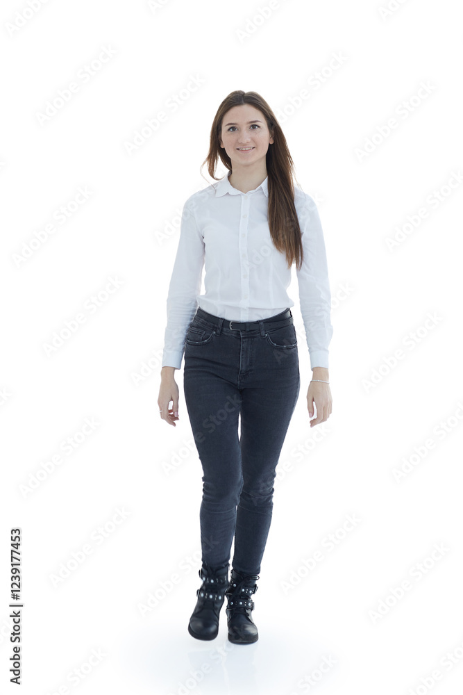 in full growth. smiling attractive girl striding forward . in full growth. smiling attractive girl striding forward .