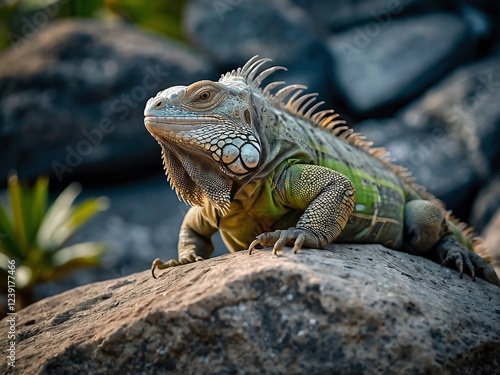 Wallpaper Mural Close Up Portrait of Green Iguana Resting on Rocks in Tropical Habitat Torontodigital.ca