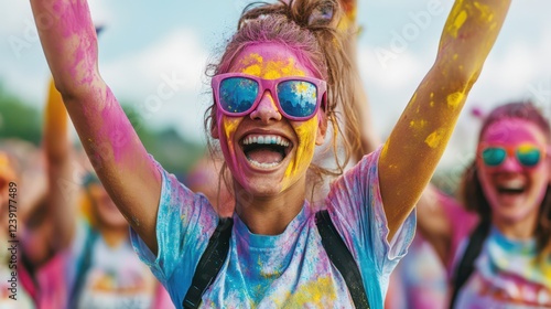 Color Run Event with Participants Covered in Colorful Powder, Smiling and Raising Their Arms in Excitement