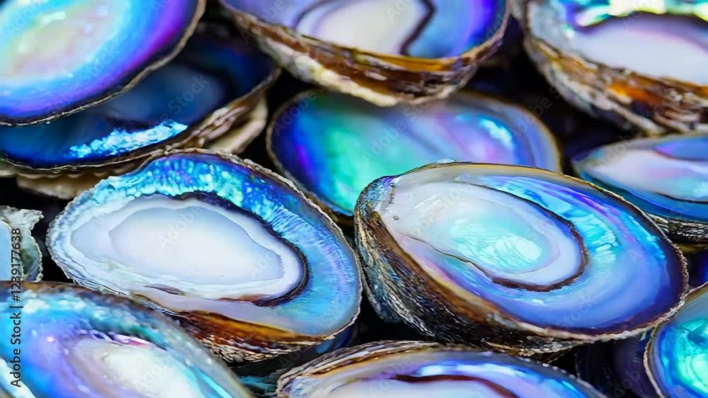 Vibrant iridescent shells display mesmerizing blue and purple hues in closeup sequence Vibrant iridescent shells display mesmerizing blue and purple hues in closeup sequence