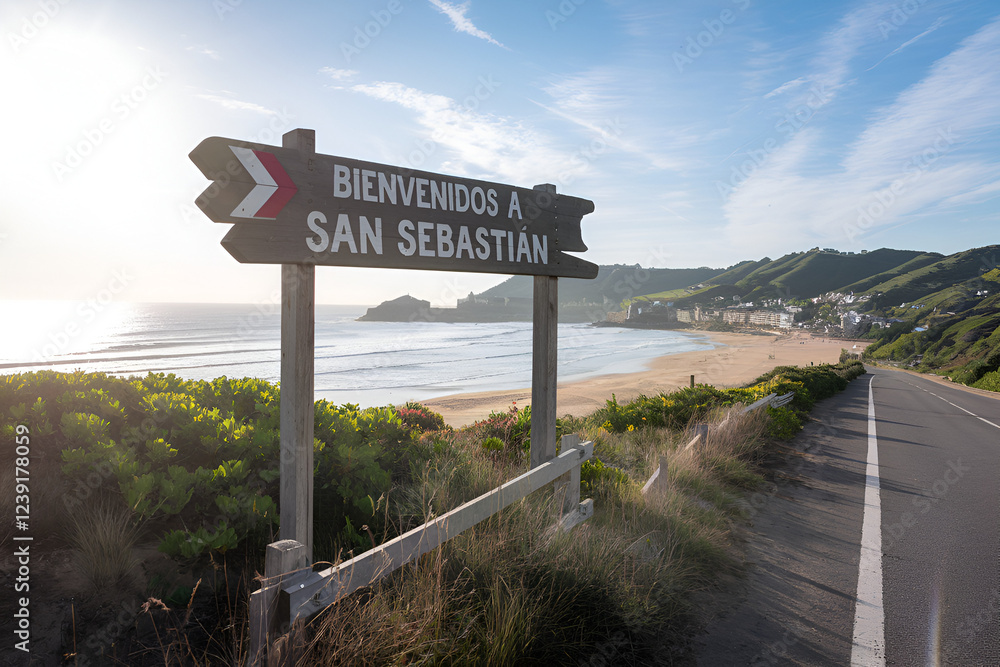 Fototapeta premium Bienvenidos a San Sebastián – Wooden Road Sign, Spain