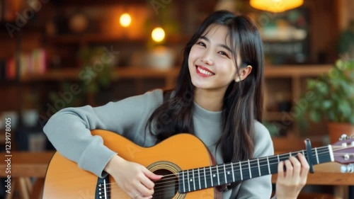 A beautiful Asian woman is seated in a cozy cafe strumming an acoustic guitar ai generating 