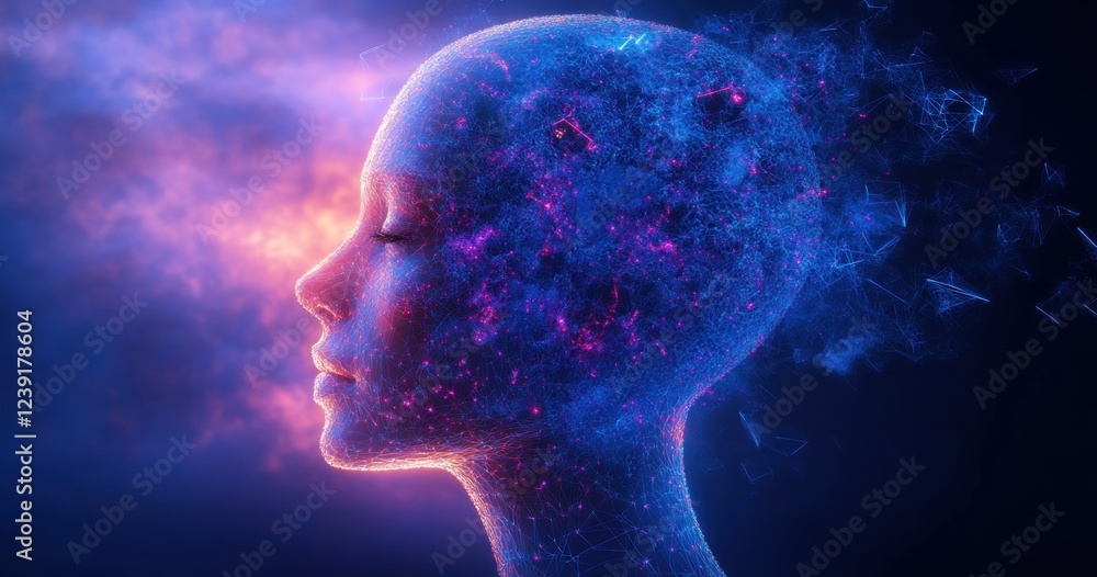 Obraz premium Artificial Intelligence Digital Transformation Futuristic Human Head Disintegration Geometry