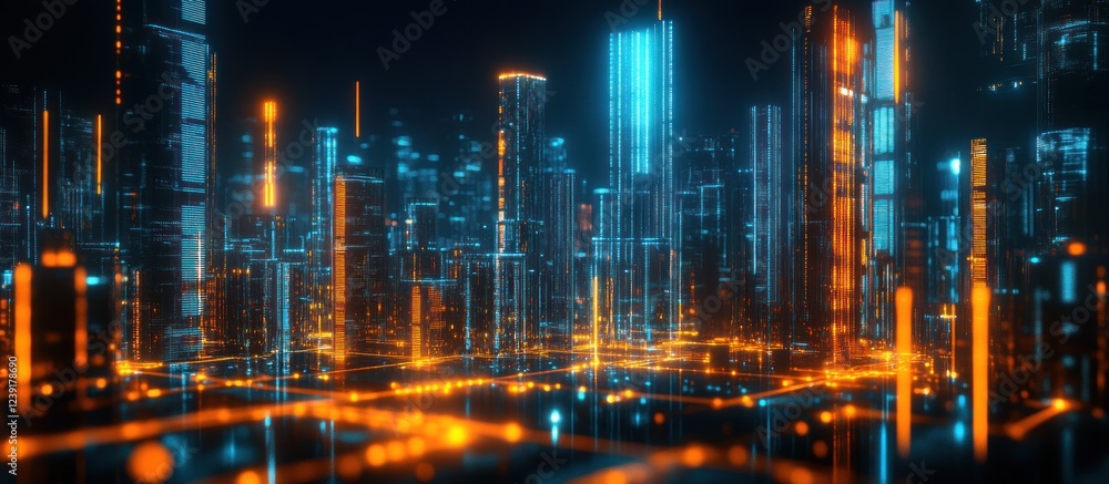 Fototapeta premium Futuristic Cityscape: Neon Lights and Digital Architecture