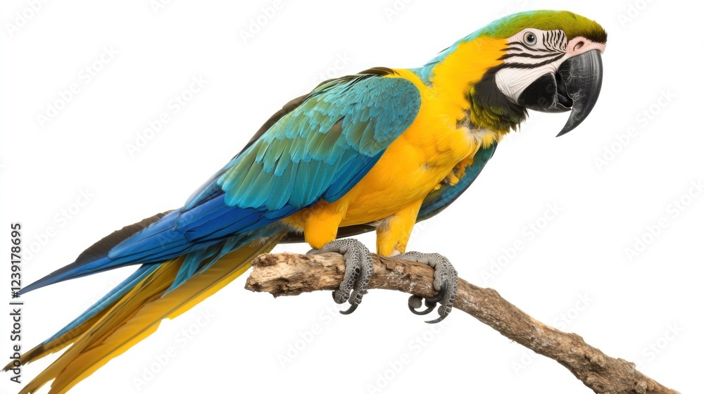 Blue-gold macaw perched on branch, white background Blue-gold macaw perched on branch, white background