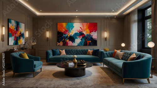 Living room with two teal sofas, armchair, round coffee table, and colorful abstract art

