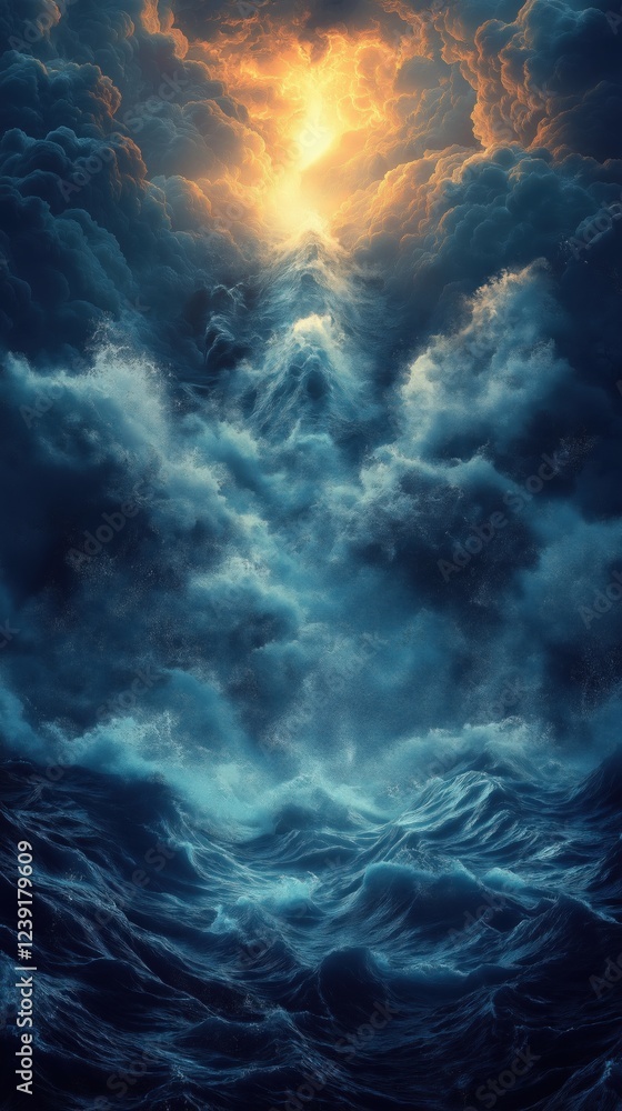 Fototapeta premium Dramatic ocean waves merging with stormy clouds under golden light