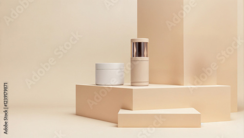 Skincare products displayed on minimalist beige podium.  Luxury cream and serum.  Elegant beauty presentation.
