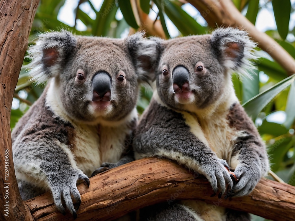 Naklejka premium Sleepy Koala Resting in Eucalyptus Tree Tranquil Scene of Australian Wildlife