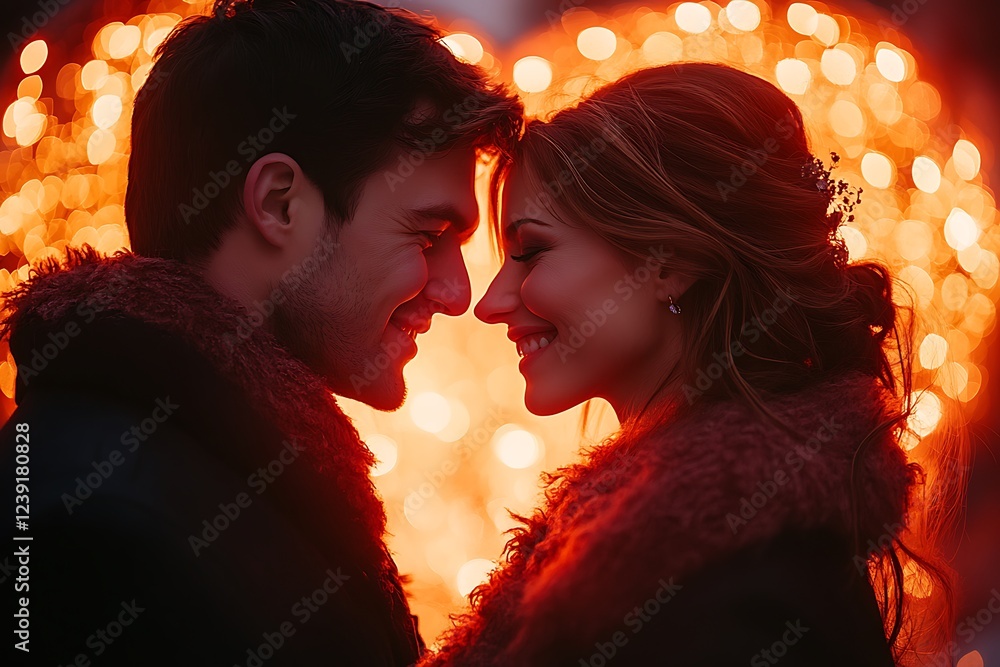 Romantic Couple Embraces Heart Shaped Lights