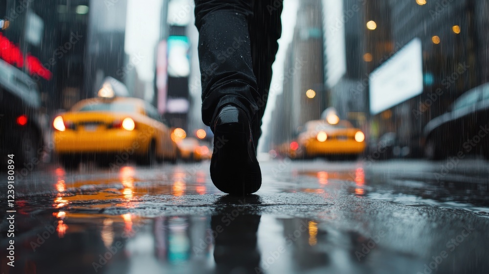 Fototapeta premium A Person Walking Down a Bustling City Street on a Rainy Day with Reflections on Wet Pavement