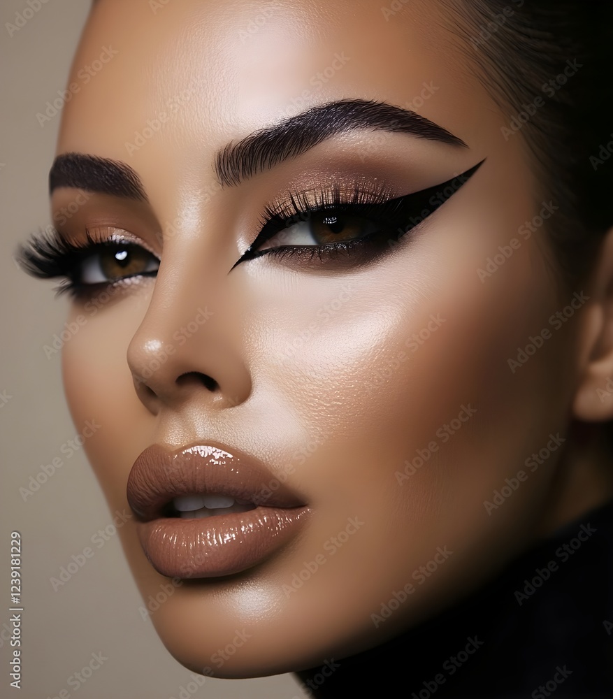 This close-up image captures a woman's face with bold, glamorous eye makeup including winged eyeliner and shimmering eyeshadow, radiating beauty and sophistication.Generative AI. This close-up image captures a woman's face with bold, glamorous eye makeup including winged eyeliner and shimmering eyeshadow, radiating beauty and sophistication.Generative AI.