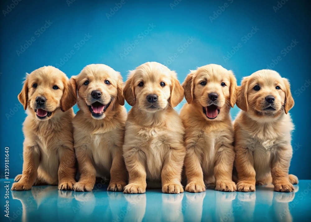 Row of Adorable Golden Retriever Puppies on Blue Backdrop Row of Adorable Golden Retriever Puppies on Blue Backdrop