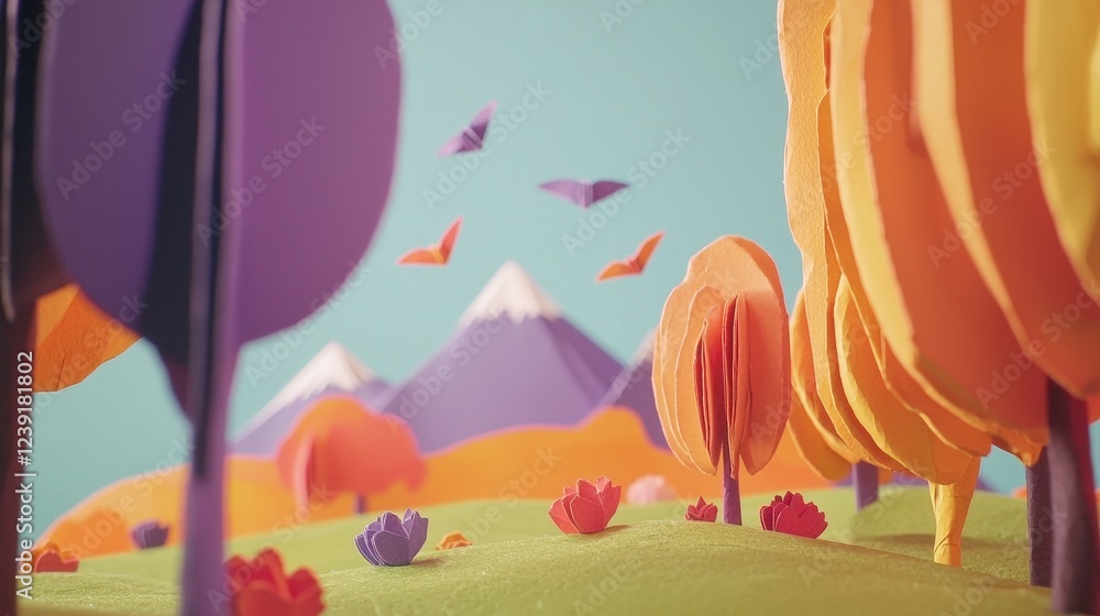 Colorful Paper Landscape with Mountains and Vibrant Trees and Flowers Colorful Paper Landscape with Mountains and Vibrant Trees and Flowers