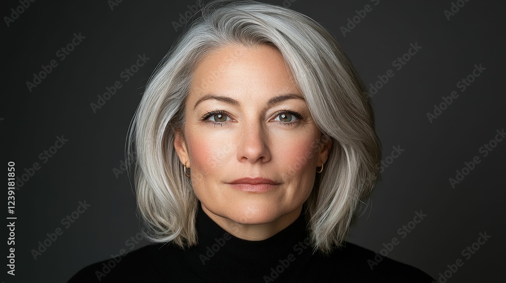 Serious middle-aged woman with a thoughtful expression, dramatic dark gray background and soft studio lighting creating depth Serious middle-aged woman with a thoughtful expression, dramatic dark gray background and soft studio lighting creating depth