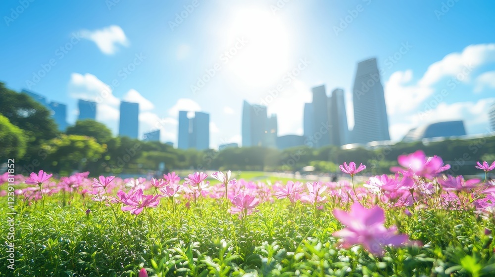 Blossoming cityscape marvel: urban floral harmony on a sunny day Blossoming cityscape marvel: urban floral harmony on a sunny day