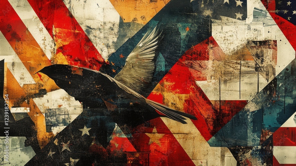 Naklejka premium Abstract American Flag Raven Artwork Featuring Flight
