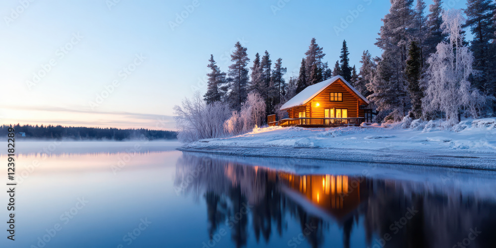 Fototapeta premium quiet lakeside cabin reflected in still water at dusk