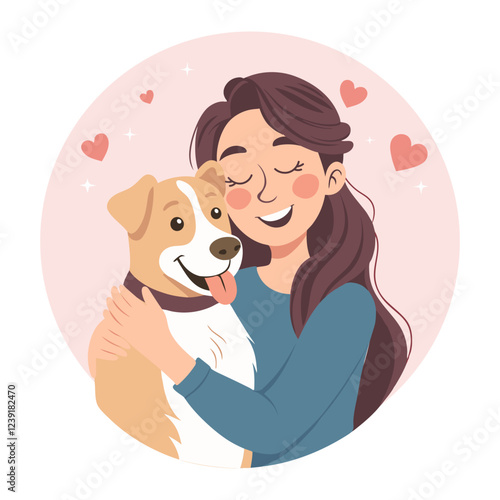 Cute happy young woman hugging dog. Dog lover. Pet owner. Flat style illustration.