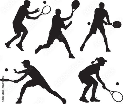 Five black silhouettes of tennis players in various action poses, showcasing the athleticism and intensity of the sport.