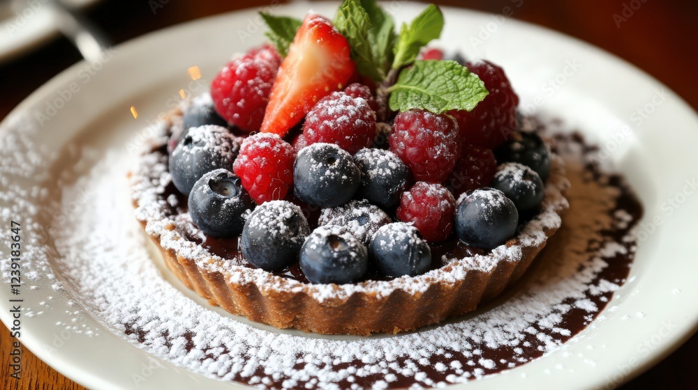 Delicious Berry Tart with Chocolate and Powdered Sugar on White Plate Delicious Berry Tart with Chocolate and Powdered Sugar on White Plate