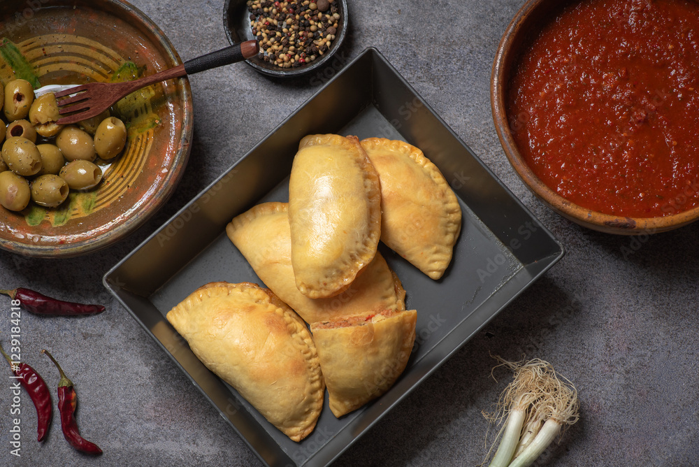 Golden Empanadas with Salsa on a Wooden Board