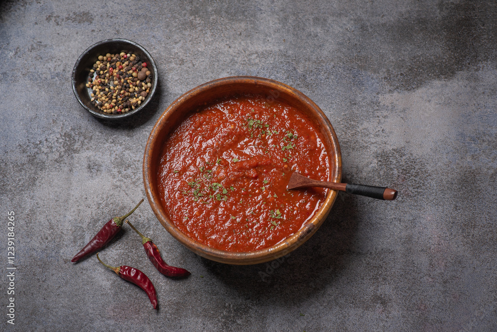 Rich red sauce in a traditional clay bowl