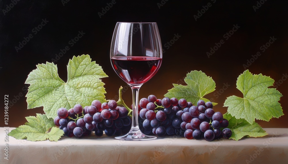 A vineyard-inspired scene with a glass of red wine as the centerpiece, flanked by plump, glossy grapes and vivid green leaves, exuding luxury and freshness. A vineyard-inspired scene with a glass of red wine as the centerpiece, flanked by plump, glossy grapes and vivid green leaves, exuding luxury and freshness.
