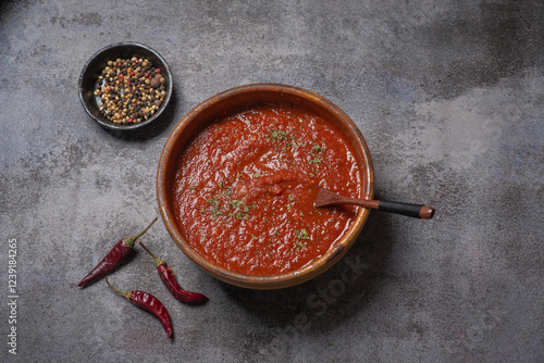 Obraz na płótnie Rich red sauce in a traditional clay bowl w salonie