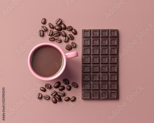 A visually balanced composition featuring a pink ceramic cocoa cup, roasted coffee beans, and a dark chocolate grid on a smooth brown background. photo