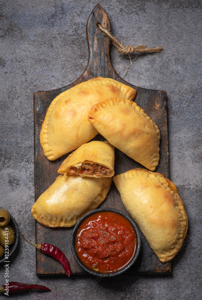 Golden Empanadas with Salsa on a Wooden Board