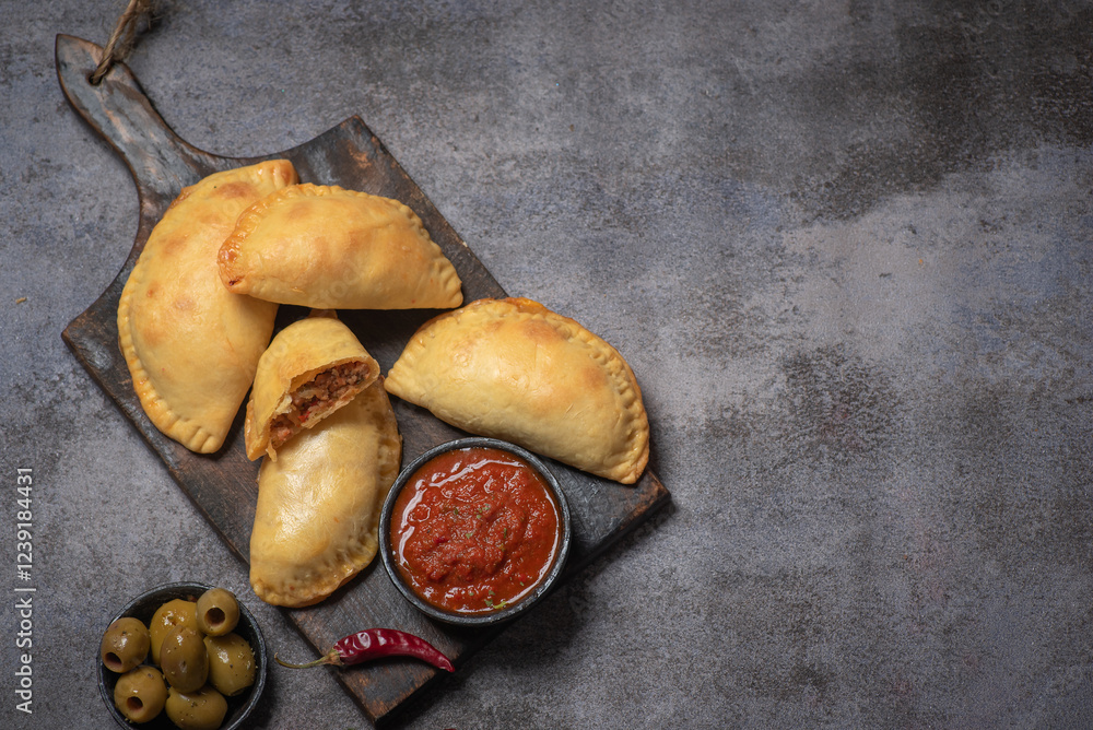 Golden Empanadas with Salsa on a Wooden Board