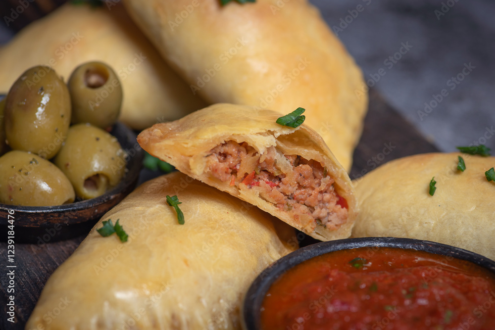 Golden Empanadas with Salsa on a Wooden Board