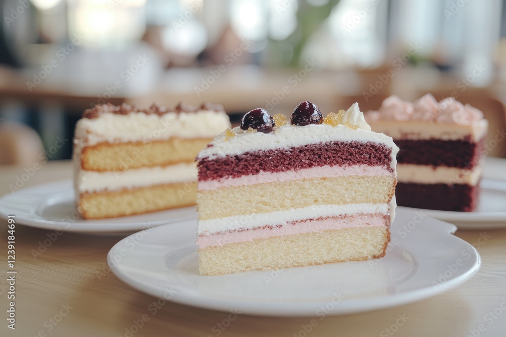 Different layered frosted slices of cakes on white plates close up on table in a cafe or patisserie, blurred background Different layered frosted slices of cakes on white plates close up on table in a cafe or patisserie, blurred background