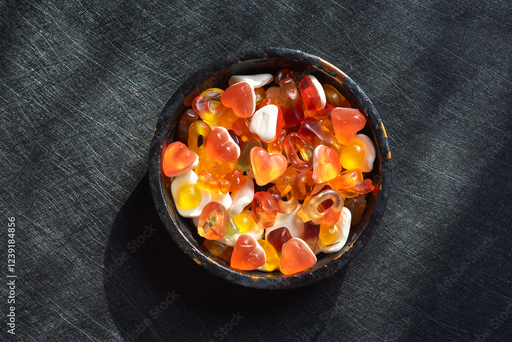 Colorful gummy candies in a ceramic bowl