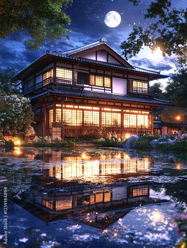 Obraz premium Tranquil japanese house illuminated at night with full moon and water reflection