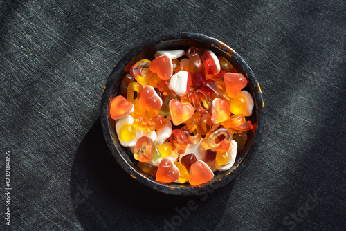 Obraz na płótnie Colorful gummy candies in a ceramic bowl w salonie