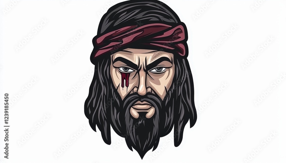 Intense Warrior Face Illustration with Long Hair and Bandana Intense Warrior Face Illustration with Long Hair and Bandana