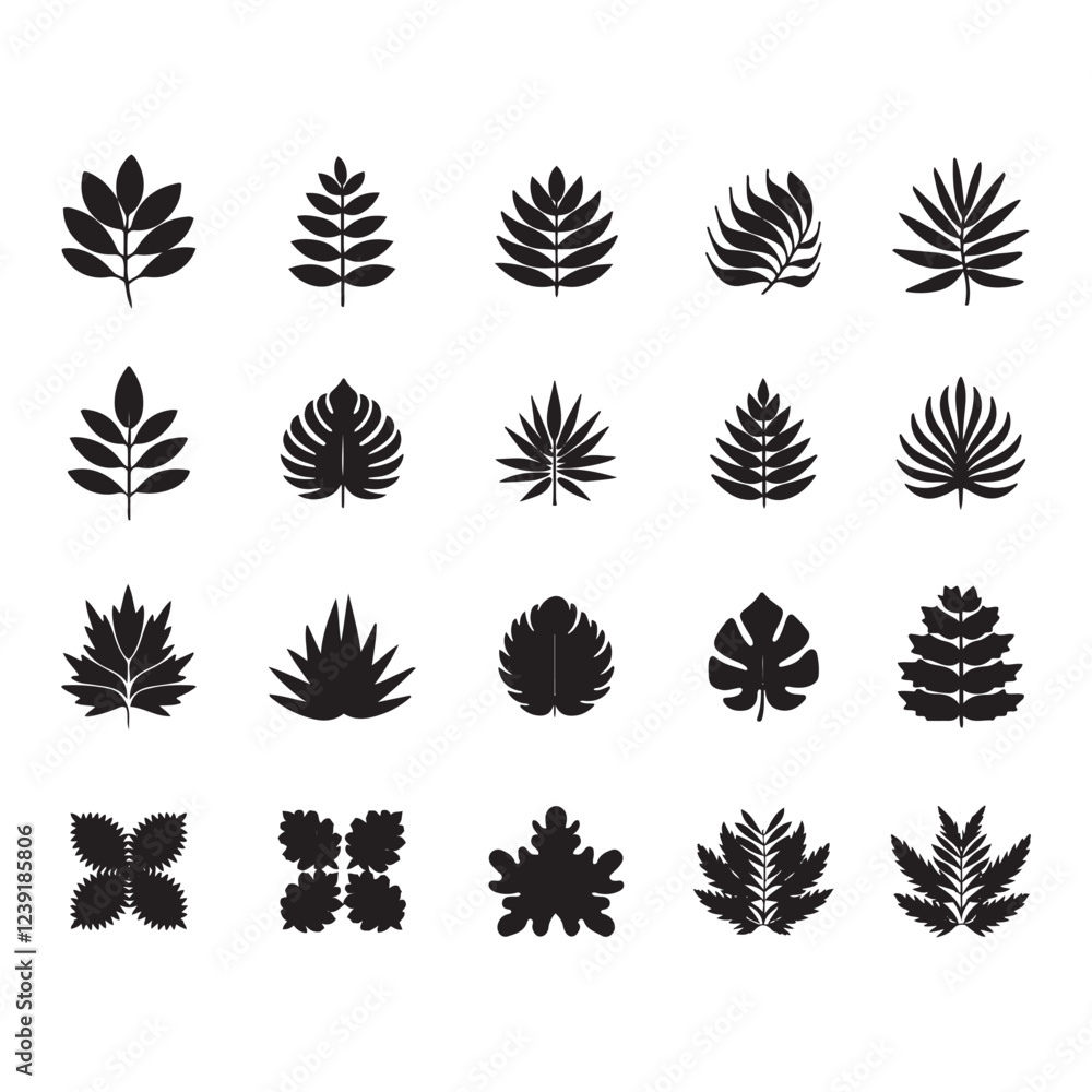 Obraz premium Collection of Black and White Silhouettes of Various leaf icons 