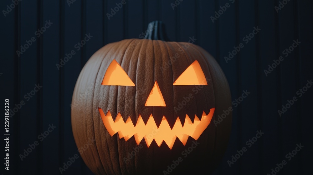 Fototapeta premium Lit jack-o'-lantern against dark wood. Halloween decoration