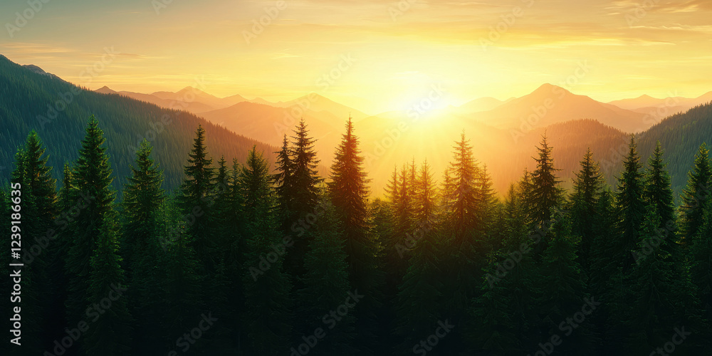 Obraz premium Sunrise over forest with mountains in background, creating serene scene
