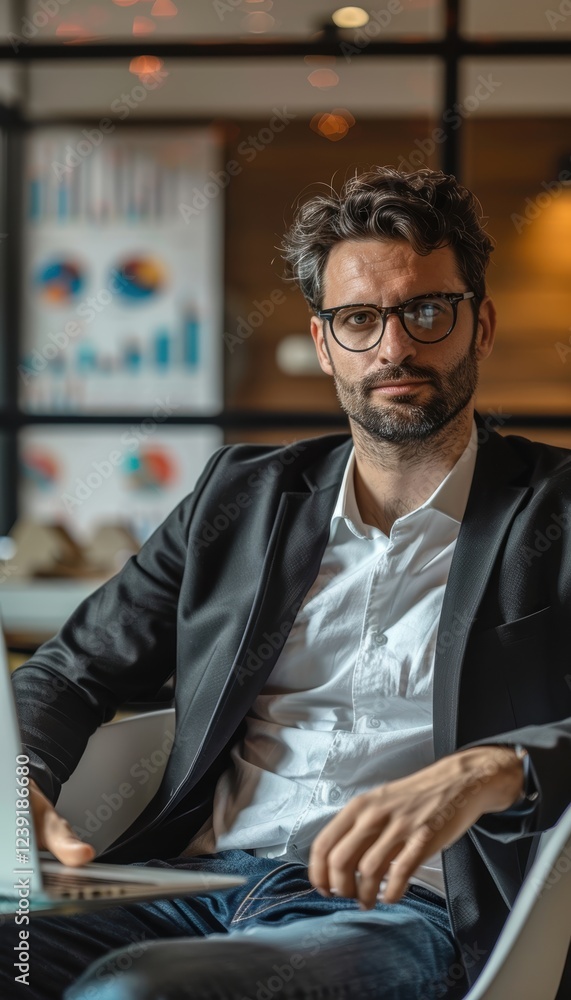 Confident Professional Accountant in Modern Office Setting with Laptop and Charts for Business Success Confident Professional Accountant in Modern Office Setting with Laptop and Charts for Business Success