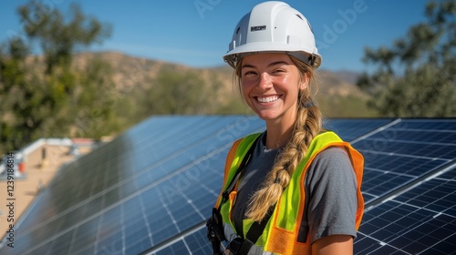 Young woman smiling while working on solar panel installation in sunny outdoor location